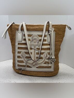 Brighton Nautical Anchor Tote Bag Heart Charm Woven Zip White Beige